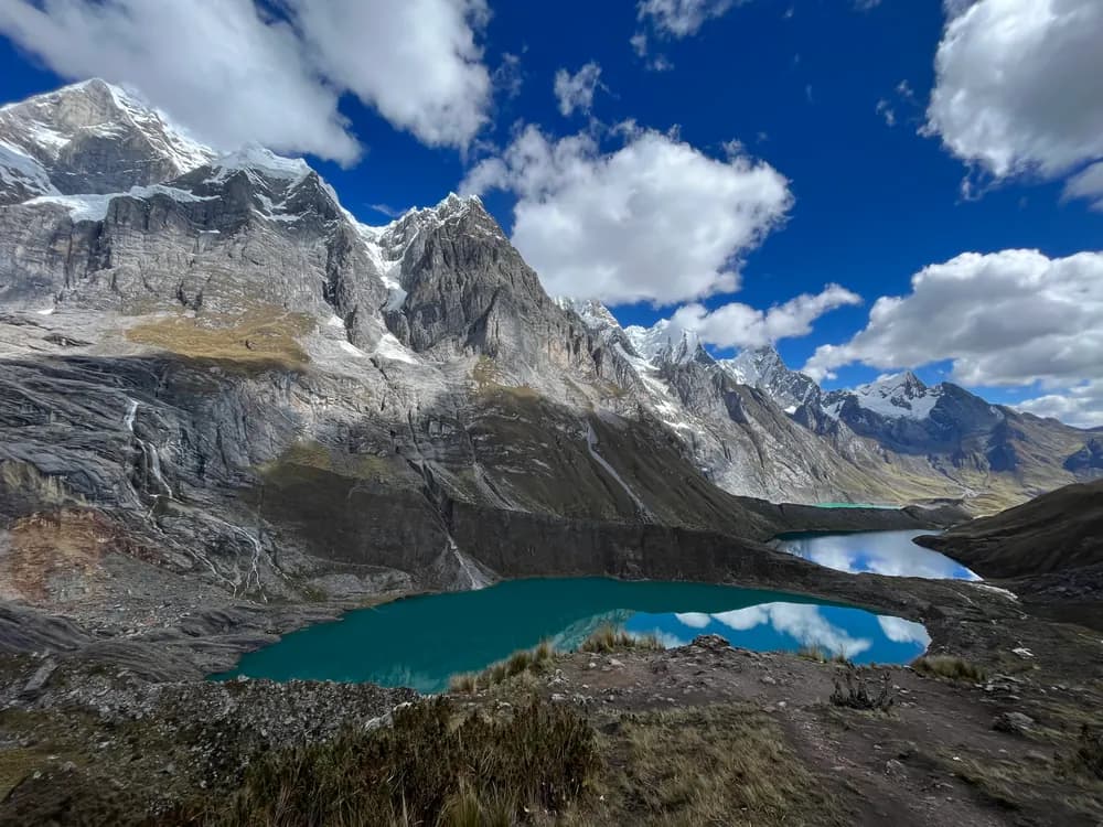Turquoise mountain lakes beneath snow-covered peaks